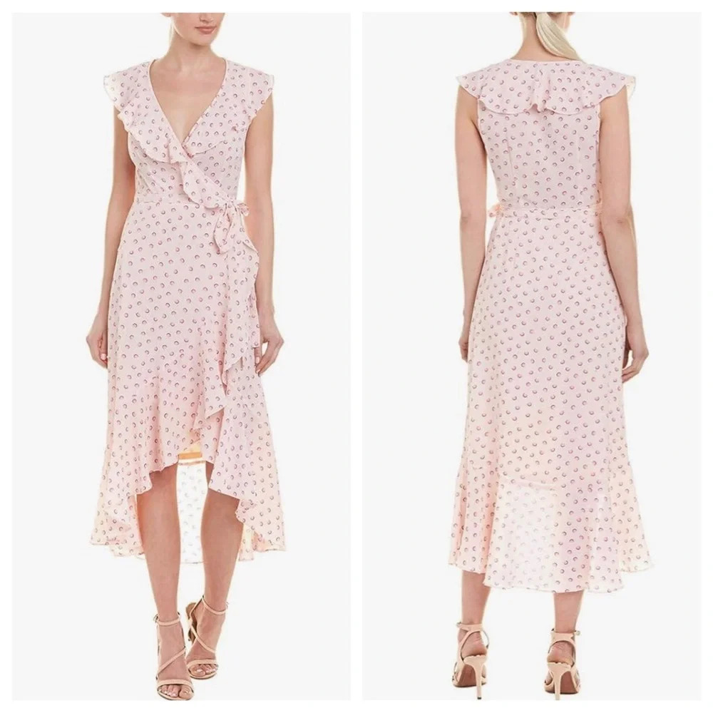 Donna Morgan polka dot Wrap midi Dress pink ruffle 29466